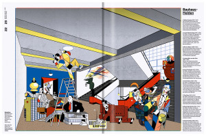 Doppelseite für das Magazin bauhaus now für das Jubiläum 100 jahre bauhaus mit Illustrationen von Viktor Hachmang